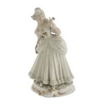 DAMSEL'S FIGURE IN BISCUIT, CAPODIMONTE 20TH CENTURY in polychromy, base highlighted in gold.