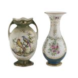 TWO VASES IN PORCELAIN AND CERAMIC, EARLY 20TH CENTURY one of them in green enamel with decorum of