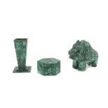 THREE SCULPTURES IN MALACHITE, 20TH CENTURY shaped to lion, box and vase. Measures lion cm. 15 x