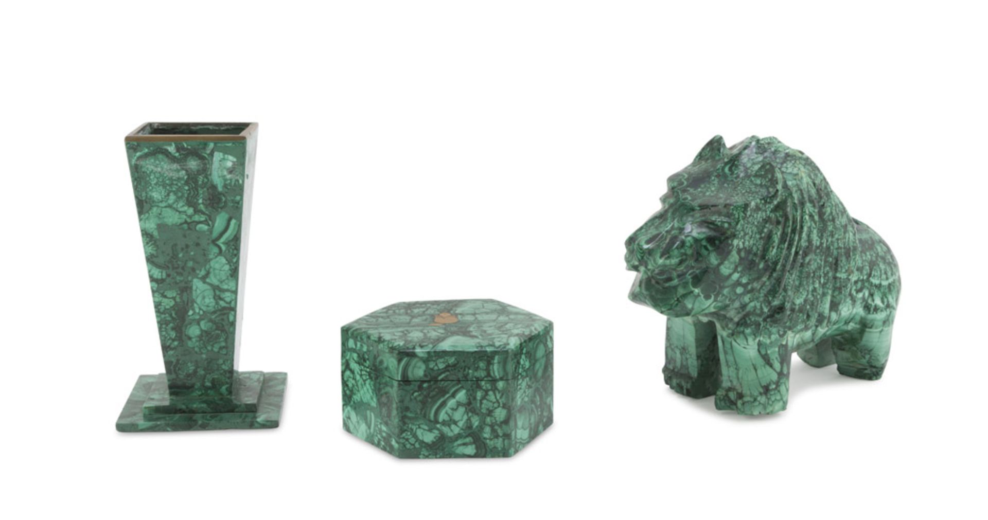 THREE SCULPTURES IN MALACHITE, 20TH CENTURY shaped to lion, box and vase. Measures lion cm. 15 x