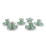 COFFEE SET IN CERAMICS, LAVENO '50 in turquoise enamel. Consisting of sucrier and five cups with