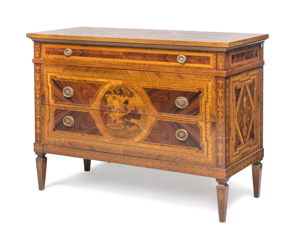COMMODE IN VIOLET WOOD, MAGGIOLINI STYLE 20TH CENTURY with inlays of landscapes and biblical