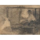 ITALIAN PAINTER, LATE 19TH CENTURY The lesson Pencil and charcoal on paper, cm. 36 x 46 Signed 'V.