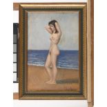 FRANCESCO LONGO MANCINI (Catania 1880 - Rome 1954) Female nude by the sea Oil on cardboard, cm. 38 x