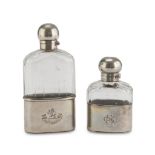 TWO LIQUEUR FLASKS IN GLASS AND GILDED SILVER, UNITED KINGDOM EARLY 20TH CENTURY engraved with coats