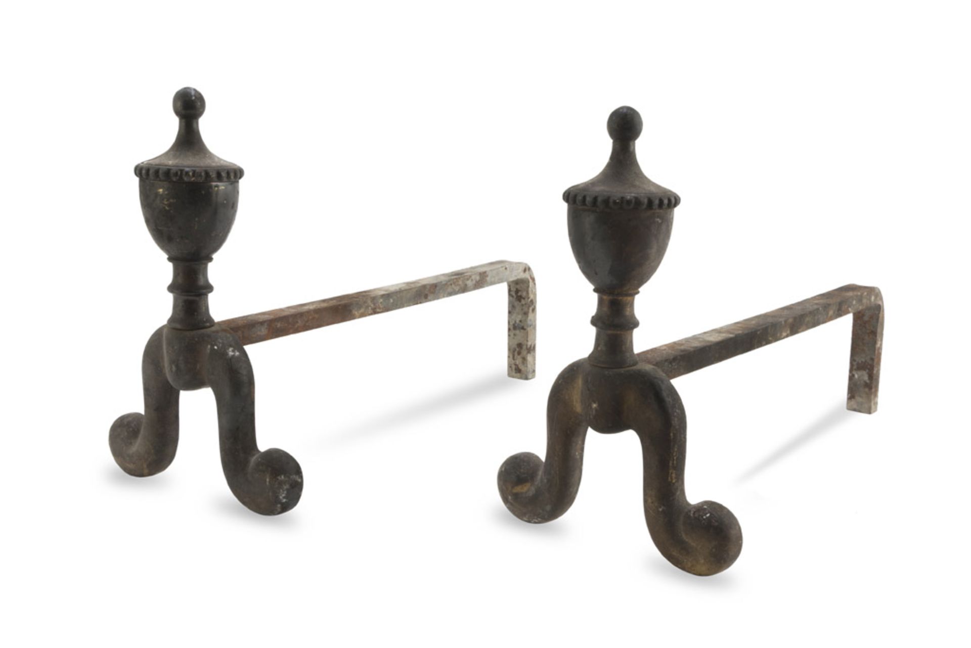 A PAIR OF SMALL FIREDOGS IN BRONZE, FRANCE LATE 18TH CENTURY with cup endings. Measures cm. 24 x