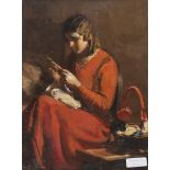 FRANCIS GALANTE (Margherita of Savoia 1884 - Naples 1972) Young girl sewing Oil on panel, cm. 40 x