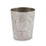 SILVER BEAKER, 19TH CENTURY engraved with floral motifs, coat of arms and initials. Measures cm.