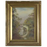 ENGLISH PAINTER, EARLY 20TH CENTURY RIVERSCAPE WITH BRIDGE AND FIGURE Oil on canvas, cm. 36 x 25