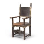 ARMCHAIR IN WALNUT, 19TH CENTURY of Renaissance taste, with rectangular back and flat arms. Straight