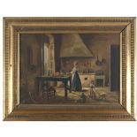 PAINTER OF 20TH CENTURY INSIDE OF KITCHEN WITH HOUSEKEEPER Oil on canvas, cm. 50 x 70 Gilded frame