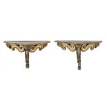 A PAIR OF WOOD SHELVES, ELEMENTS OF THE 18TH CENTURY tops lacquered to faux marble, band sculpted to