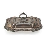 SILVERPLATED COVERED VEGETABLE DISH, UNITED KINGDOM LATE 19TH CENTURY, moved rectangular base with