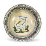 BARBER BASIN IN MAIOLICA, CALTAGIRONE EARLY 19th CENTURY light blue, green, yellow and brown enamel,