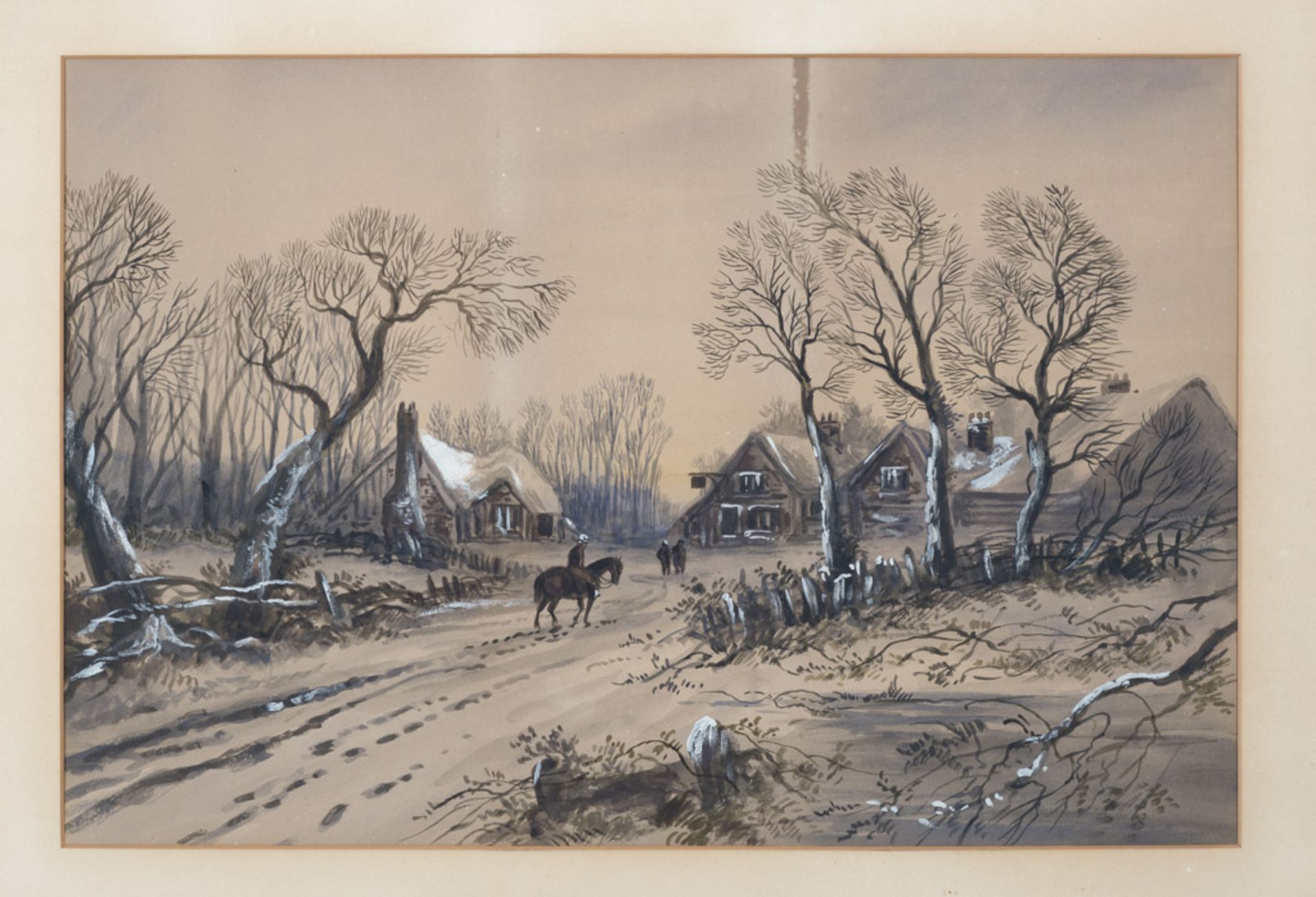 EUROPEAN PAINTER, LATE 19TH CENTURY. Winter landscapes with farms and horses. A pair of mixed - Bild 2 aus 2