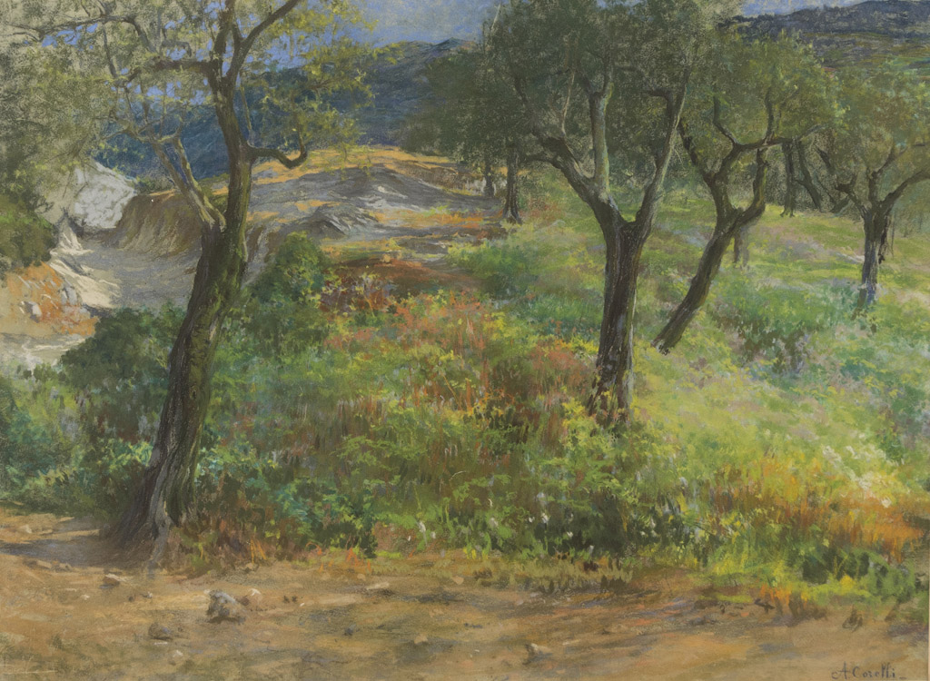 AUGUST CORELLI (Rome 1853 - 1918) On the road of the Costasole Pastels on paper, cm. 52 x 70