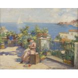 GIUSEPPE APREA (Naples 1876 - 1946) Terrace by the sea with spinner, Naples Oil on canvas, cm. 43