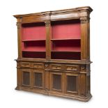 HUGE BOOKCASE IN WALNUT, CENTRAL ITALY 19TH CENTURY upper part open, with fluted columns and