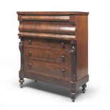 FEATHER MAHOGANY TALL-BOY CHEST, ENGLAND, EDWARDIAN PERIOD with mobile base and onion feet. Upper