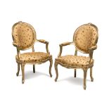 BEAUTIFUL PAIR OF SMALL ARMCHAIRS IN GILTWOOD, 18TH CENTURY medallion back with slight floral