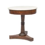 SMALL ROUND TABLE IN WALNUT, CENTRAL ITALY 19TH CENTURY with top in white marble, column leg,