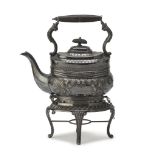 SILVERPLATED TEA KETTLE, PUNCH SHEFFIELD LATE 19TH CENTURY body entirely embossed with floral