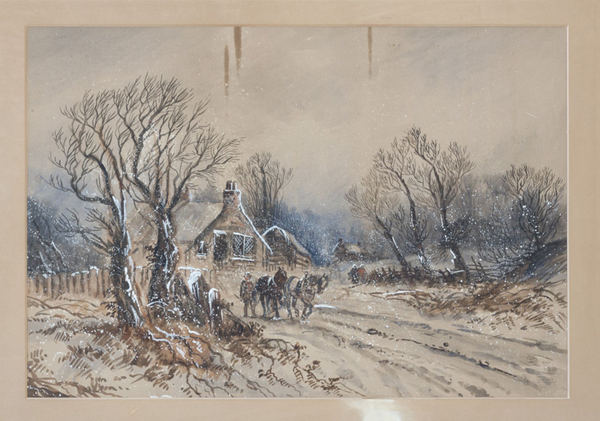 EUROPEAN PAINTER, LATE 19TH CENTURY. Winter landscapes with farms and horses. A pair of mixed