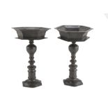 A PAIR OF CANDLESTICKS IN PEWTER, EARLY 19TH CENTURY with cylindrical shaft. Measures cm. 19 x 11.