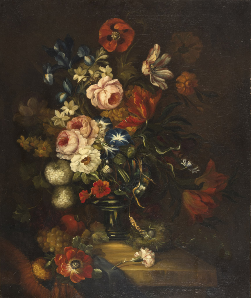 UNKNOWN PAINTER, EARLY 20TH CENTURY COMPOSITION OF FLOWERS IN A VASE, GRAPE AND TABLECLOTH Oil on