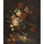 UNKNOWN PAINTER, EARLY 20TH CENTURY COMPOSITION OF FLOWERS IN A VASE, GRAPE AND TABLECLOTH Oil on