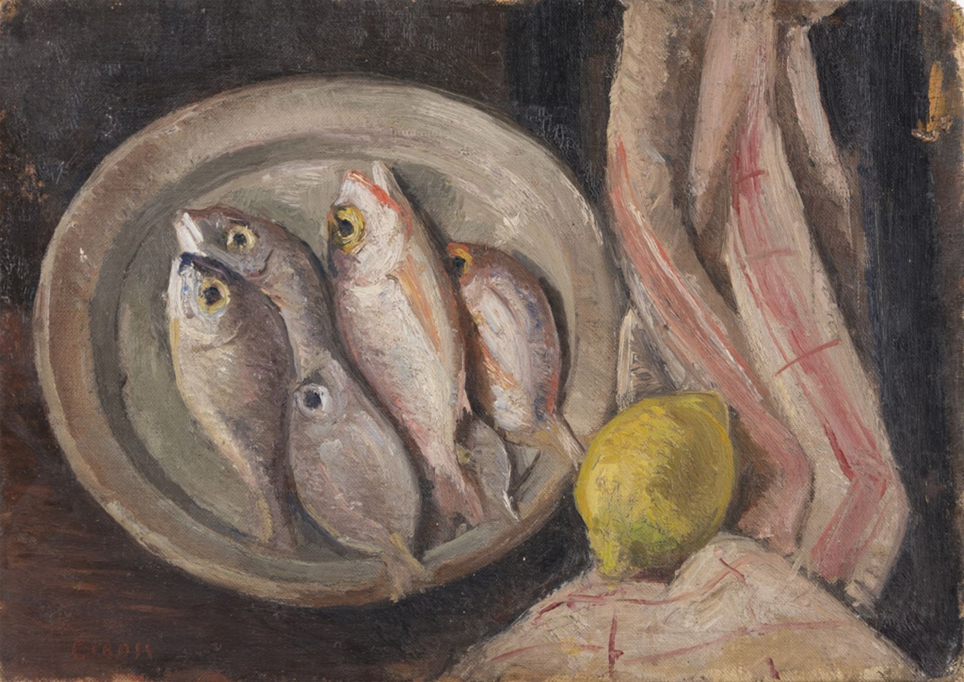 FRANK GIROSI (Naples 1896 - 1987) Composition with fishes and lemon, 1940 ca. Oil on canvas