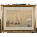 ENGLISH PAINTER, 19TH CENTURY Sailing ships landing near a fortitude Watercolour on paper, cm. 34