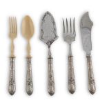 BEAUTIFUL SILVER SERVING FLATWARE, GERMANY LATE 19TH CENTURY with handles in silver foil embossed