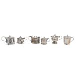 Six Mustard pots MIGNON In I Silver, Punches Birmingham, EARLY 20TH CENTURY of various shapes,