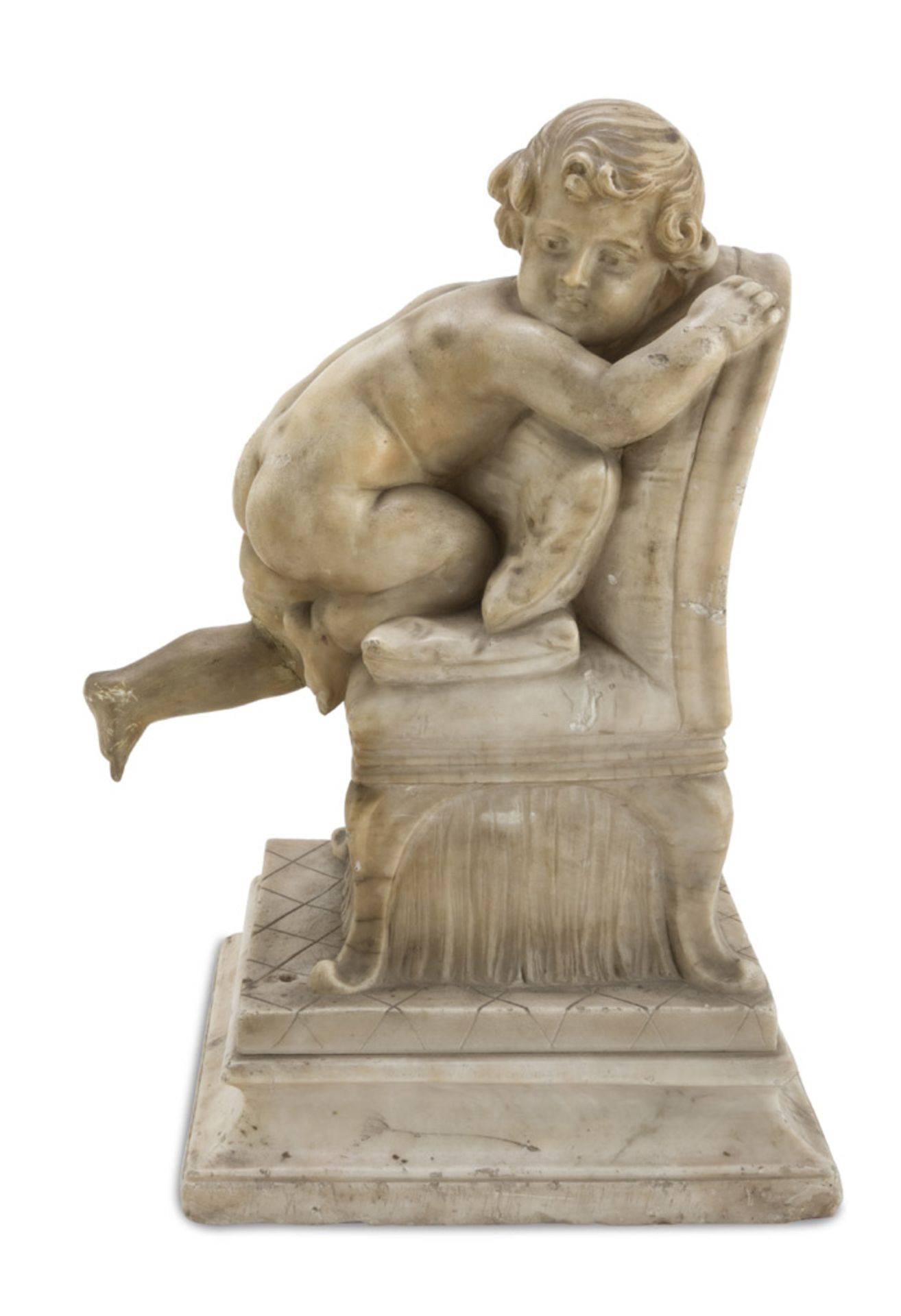 ADOLFO CIPRIANI (Florence active 1880 - 1932) Putto with chair Sculpture in white marble, cm. 42 x