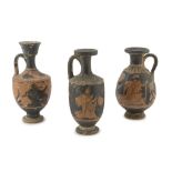 THREE SMALL VASES IN EARTHENWARE, 20TH CENTURY in Greek style, decorated with red and black figures.