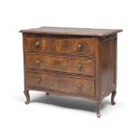 SMALL WALNUT COMMODE, ROME 18TH CENTURY top with moved edges, front with three drawers with turned