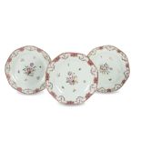 THREE PORCELAIN DISHES, PROBABLY FRANCE 19TH CENTURY of polygonal shape decorated with roses, leaves