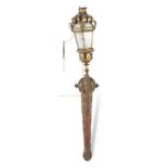 WALL LANTERN IN GILDED METAL, 19TH CENTURY polygonal body decorated with leaves. Baton in wood to