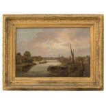ENGLISH PAINTER, 20TH CENTURY VIEW OF RIVER PORT WITH BRIDGE AND LIGHTHOUSE Oil on canvas, cm. 50