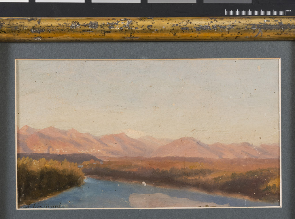 ROMAN PAINTER, LATE 19TH CENTURY Tiber landscape Oil on cardboard cm. 12,5 x 22 Signed 'Vertunni',