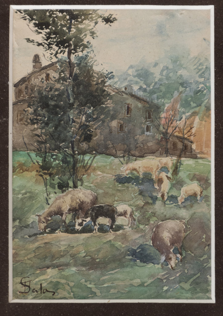 PAUL SALA (Milan 1859 - 1924) Farm Watercolour on paper, cm. 13 x 9 Signed bottom left Frame in