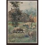 PAUL SALA (Milan 1859 - 1924) Farm Watercolour on paper, cm. 13 x 9 Signed bottom left Frame in