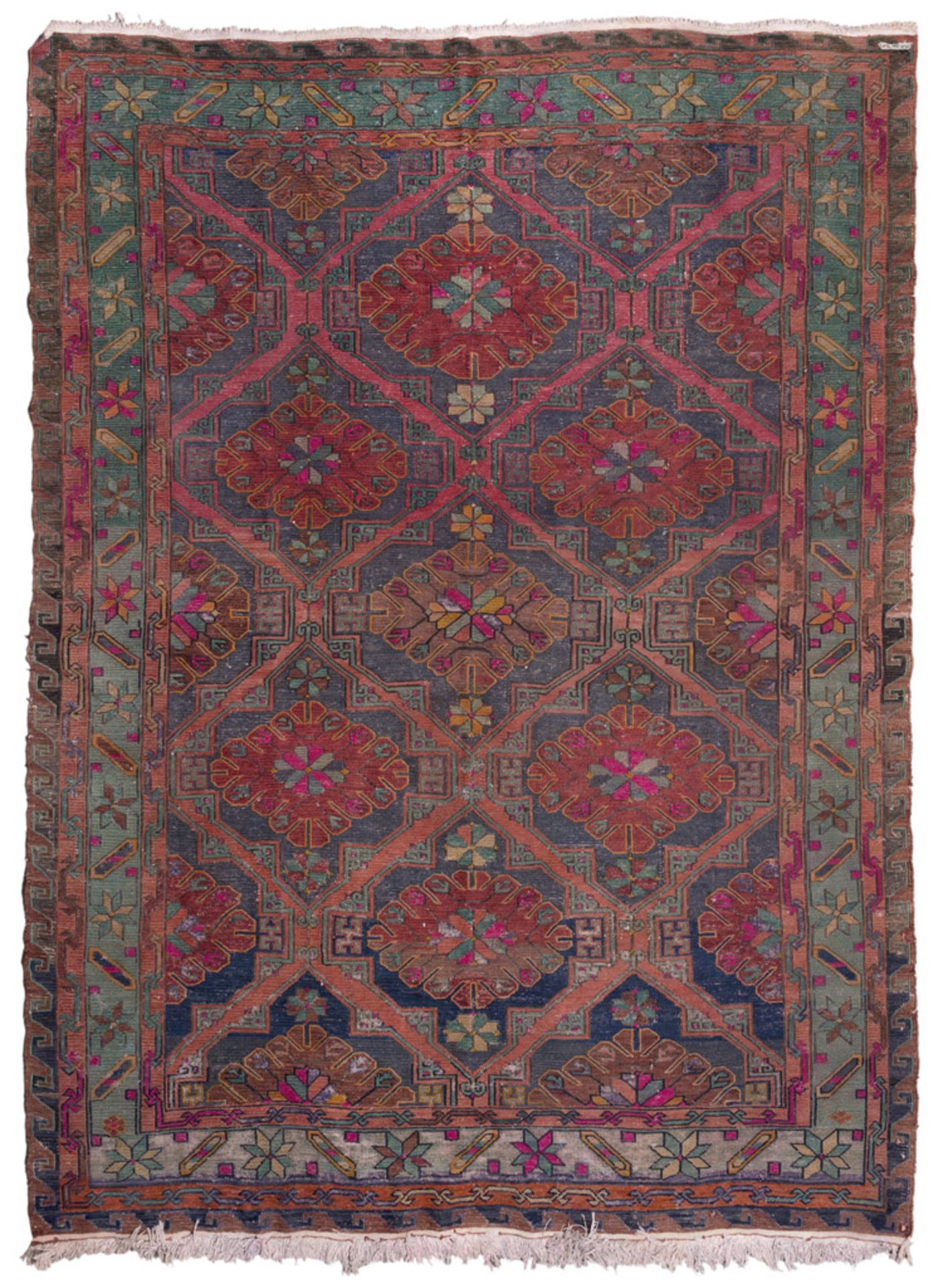 RARE SOUMAK CARPET, EARLY 20TH CENTURY with rhomboidal medallions to flowers in sequence, in the