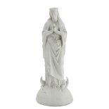 FIGURE OF THE VIRGIN IN BISCUIT, 20TH CENTURY in pose orante. Measures cm. 57 x 23 x 23. One