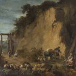 DUTCH PAINTER ACTIVE IN ITALY, 18TH CENTURY LANDSCAPE WITH SHEPHERDS Oil on canvas applied on panel,