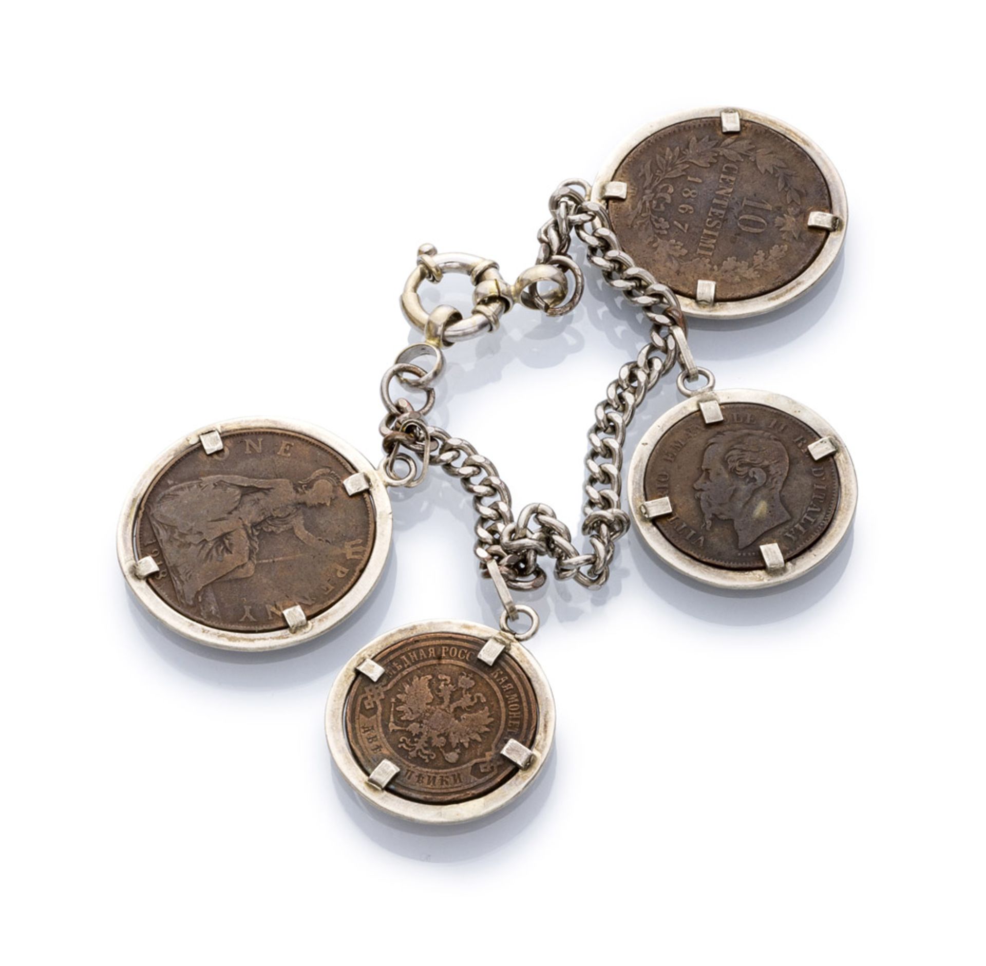 ATTRACTIVE BRACELET chain-shaped in gilded metal with pending antique coins. Length cm. 19. GRAZIOSO