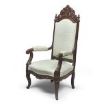 ARMCHAIR IN MAHOGANY, PROBABLY NAPLES LATE 19TH CENTURY high back, with frieze of spiral scrolls and