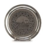 SAUCER IN NIELLED SILVER, PUNCH MOSCOW 1863 decorated with town view and floral ornaments.