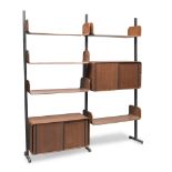 BOOKCASE IN WOOD, DESIGN FRANCO CAMPI AND CARLO GRAFFI '70s with upright in iron, tops and bar